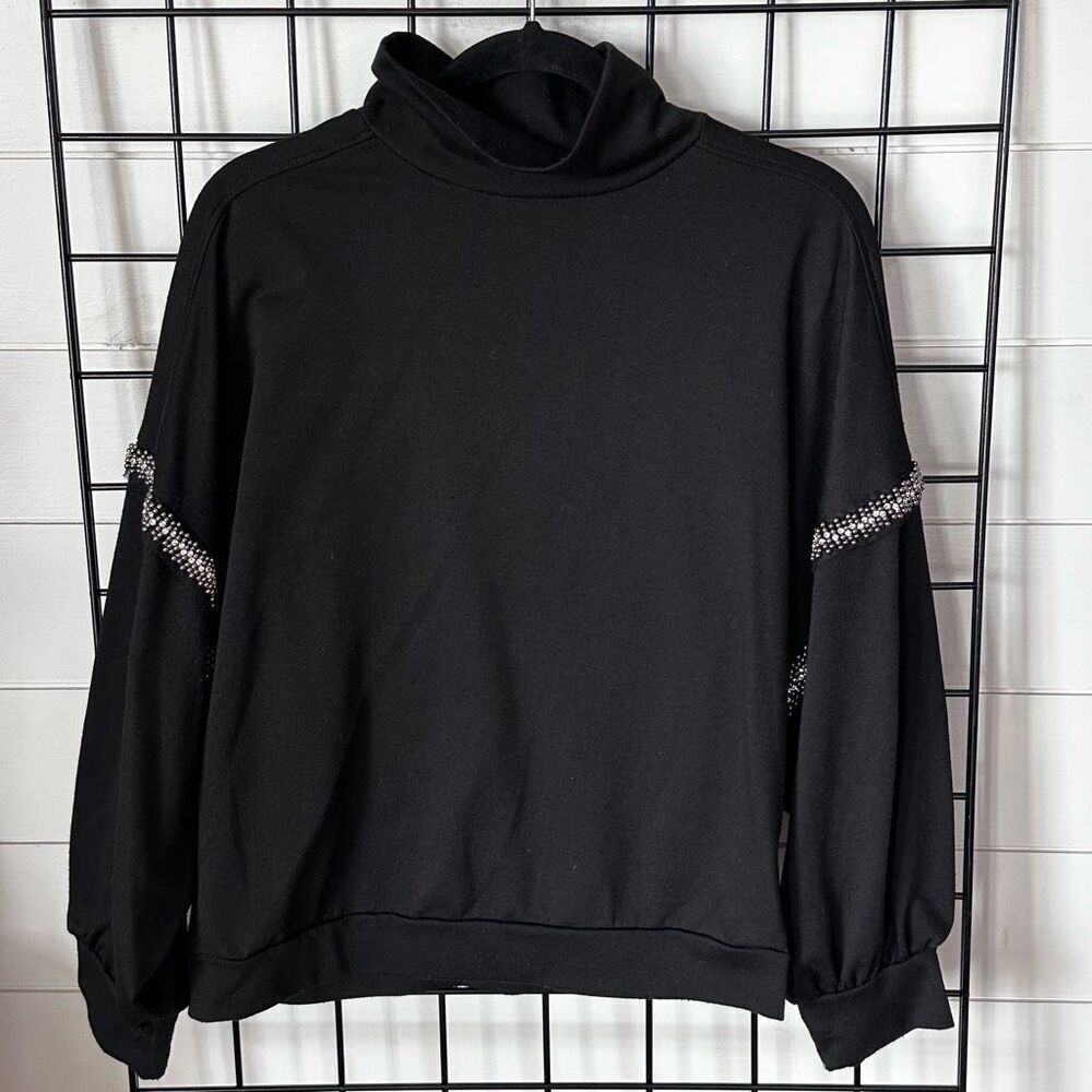 Cupio Beaded Mock Neck Sweatshirt Womens XL Black‎ Drop Shoulder Sleeve